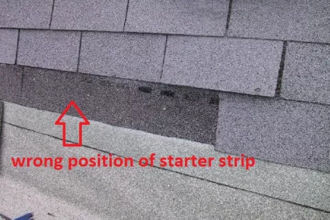 Wrong position starterstrip on shingles roof. Roofer mistakes.